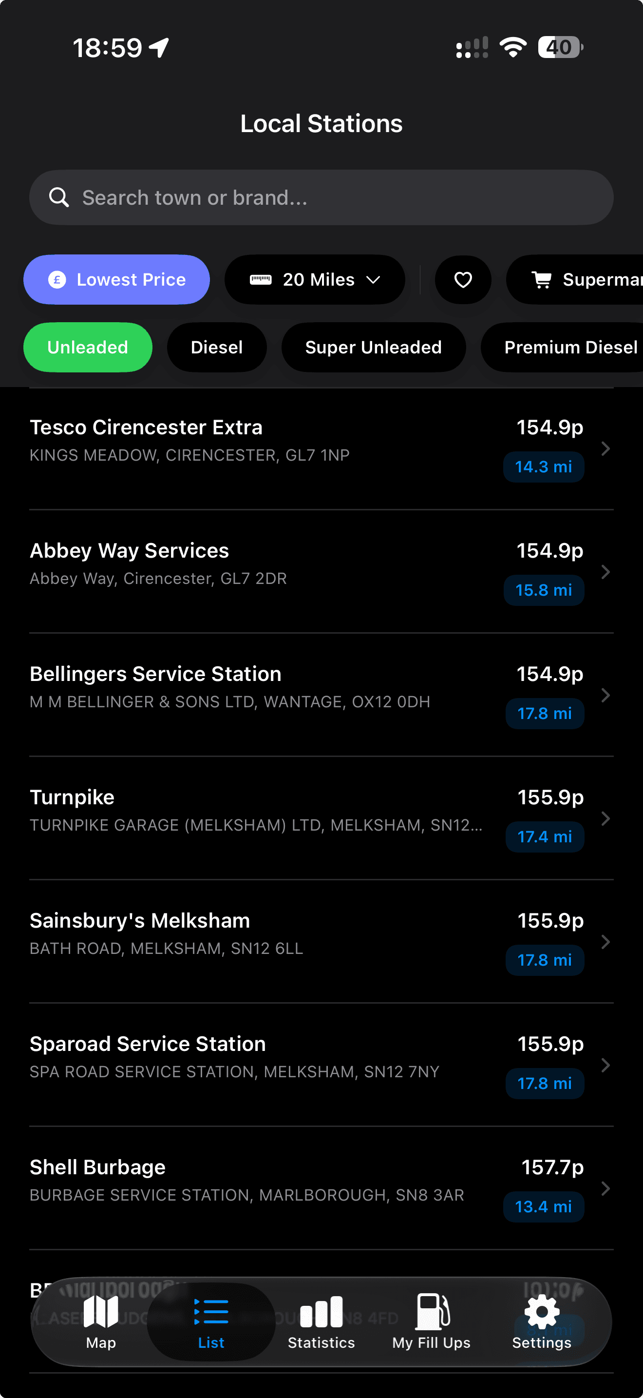 PetrolWatch local station price list