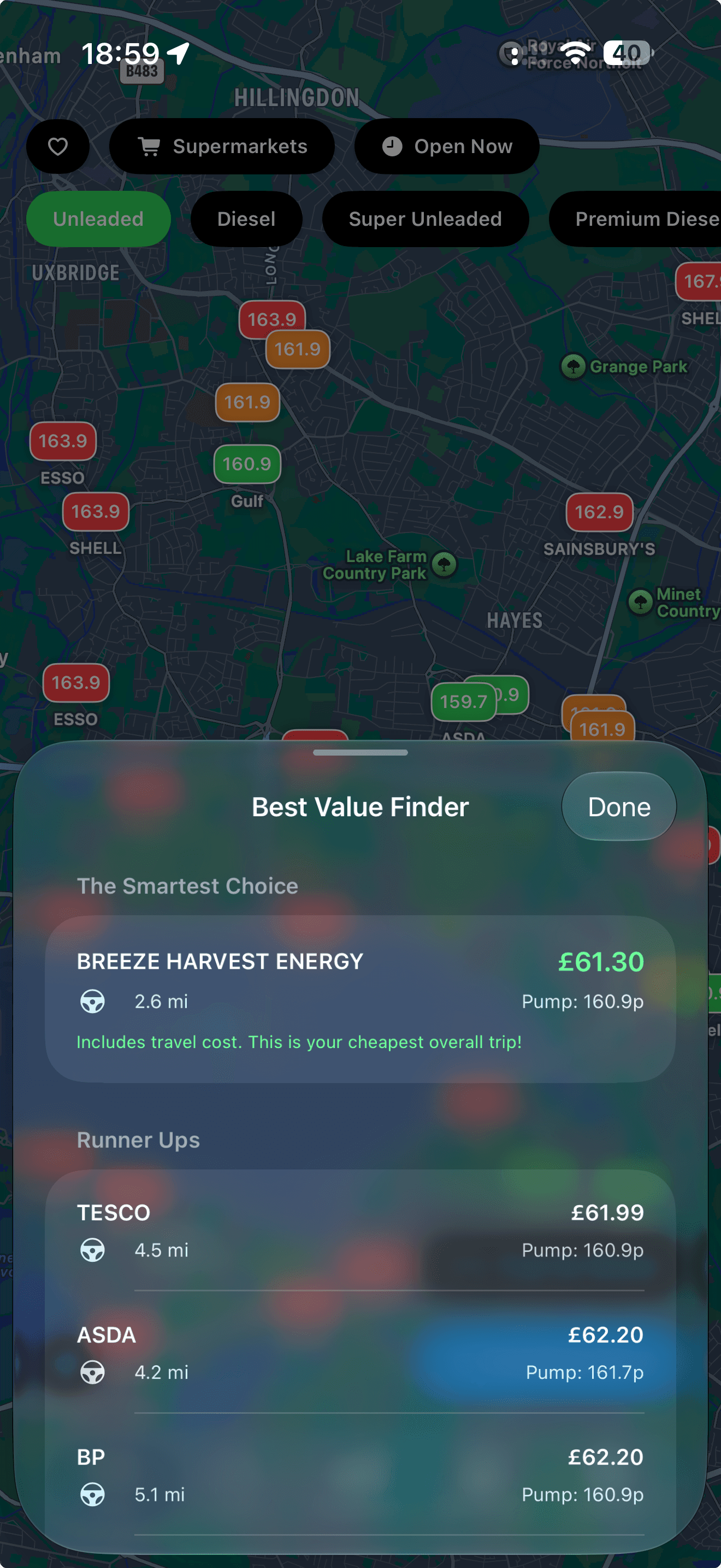 PetrolWatch Best Value Finder ranking stations by estimated fill cost