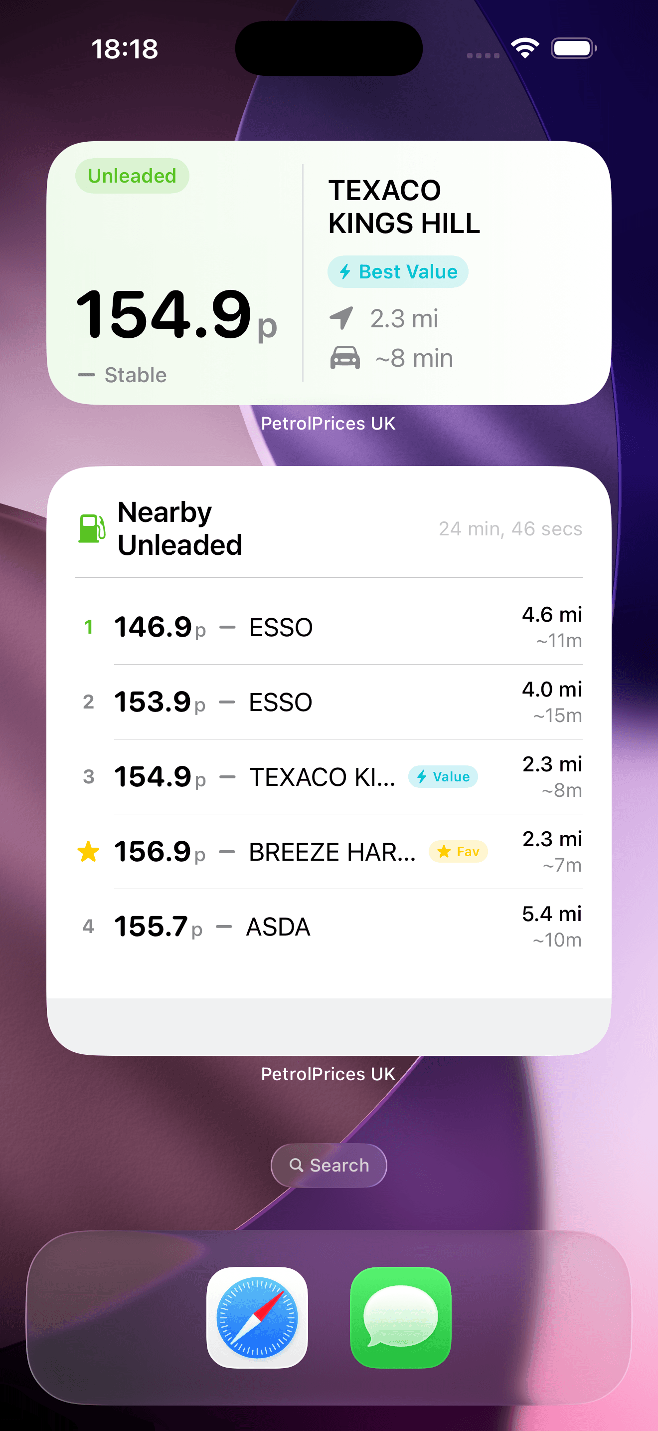 PetrolWatch Home Screen widgets on iPhone